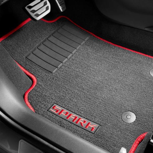 Chevrolet Floor Mats - Front & Rear Premium Carpet, Spark Script, Jet Black with Racer Red Stitching for 2016-2022 Spark 42392371