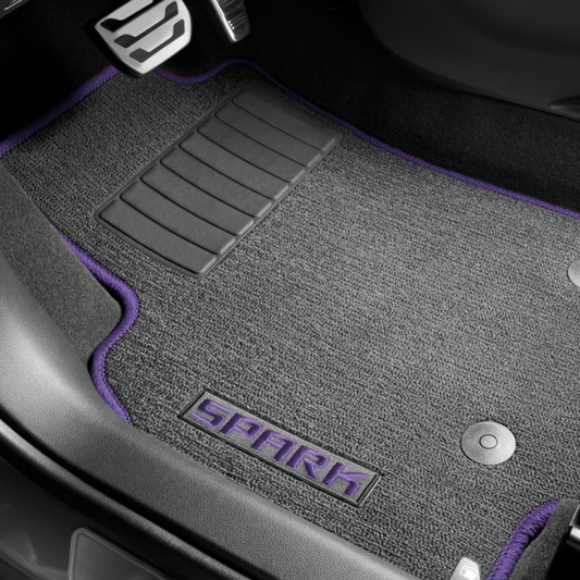 Chevrolet Floor Mats - Front & Rear Premium Carpet, Spark Script, Jet Black with Mystic Violet Stitching for 2016-2022 Spark 42392373