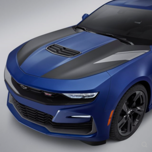 Chevrolet Decals - Hood Stripe, Satin Black with Silver Ice Metallic Hash Mark for 2016-2024 Camaro  84684579