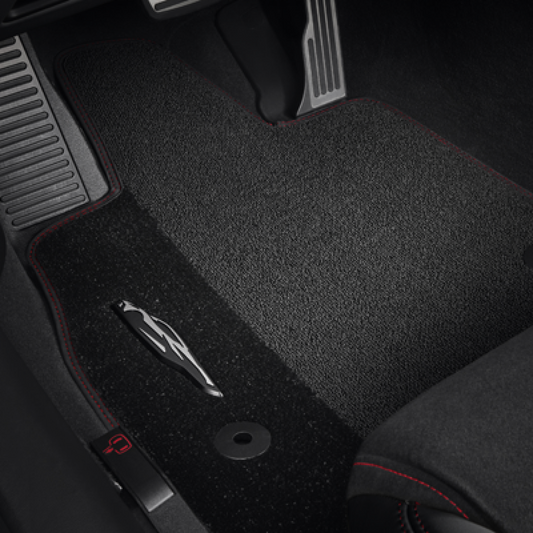 Chevrolet 2020-2024 Corvette Floor Mats - Front Premium Carpet, Jet Black with Torch Red Stitching 85103785